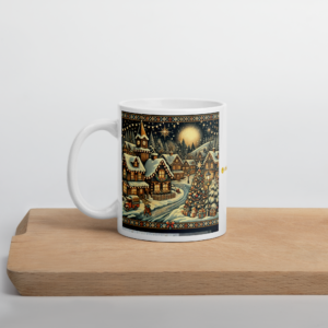 Weiße, glänzende Tasse Weihnachtsdorf