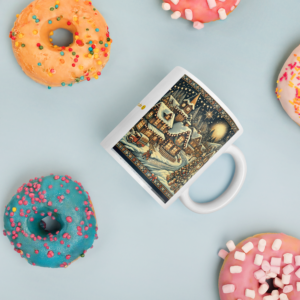 Weiße, glänzende Tasse Weihnachtsdorf